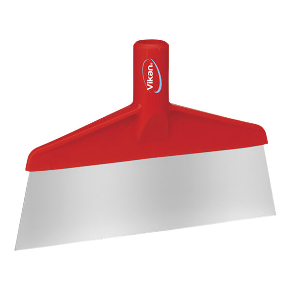 A red and white Vikan stainless steel scraper with a handle.