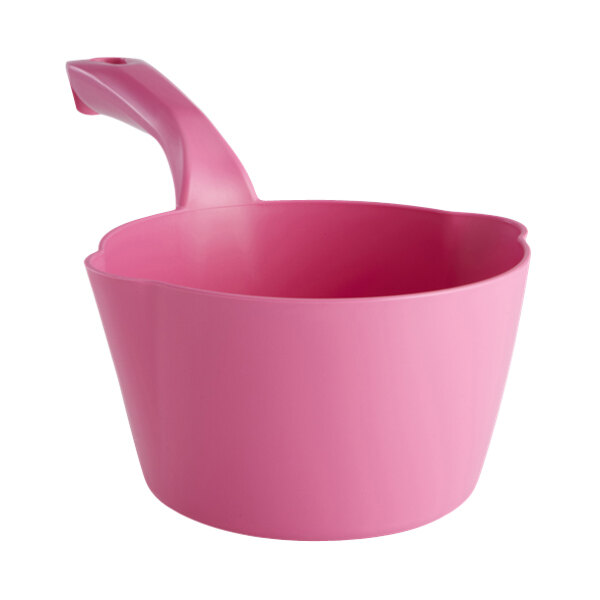 A pink plastic round scoop with a handle.