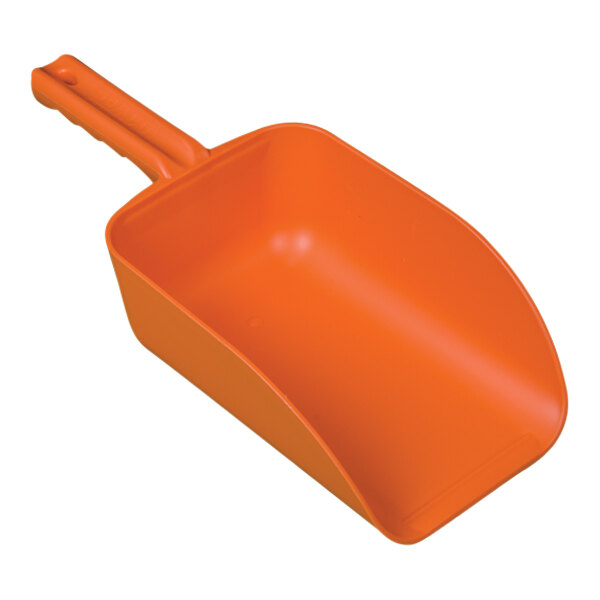 An orange plastic scoop with a handle.