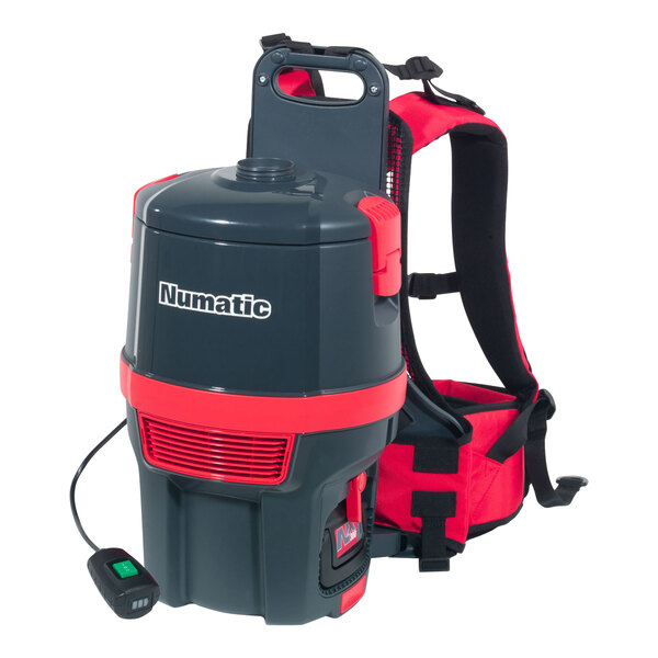 A black and red NaceCare Solutions cordless brushless backpack vacuum with a red handle.