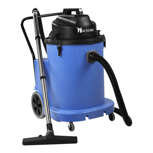 A blue NaceCare wet/dry vacuum cleaner on wheels with a black hose.