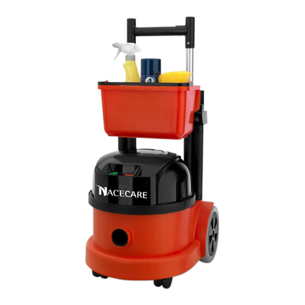 A red and black NaceCare Solutions Latitude cordless canister vacuum with bucket on a white background.