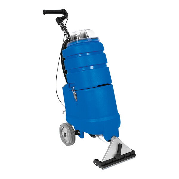 A blue NaceCare Solutions upright carpet extractor with wheels.