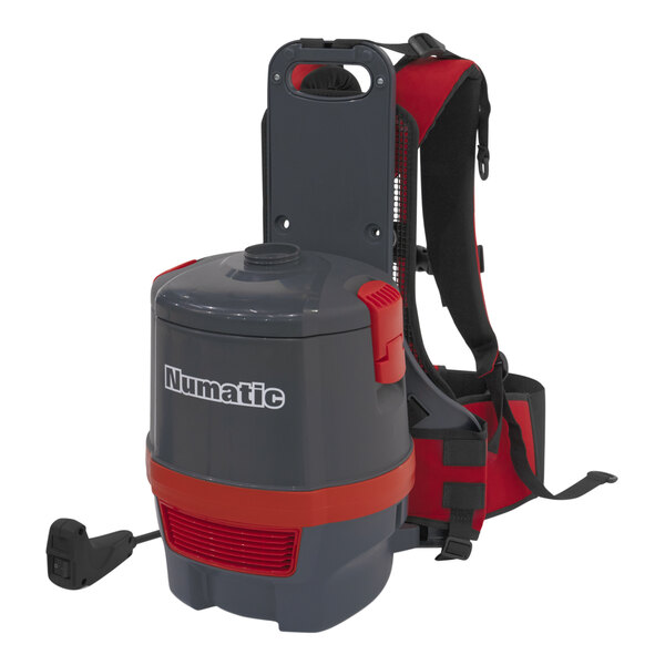 A grey and red NaceCare Solutions backpack with a black and red vacuum attached.