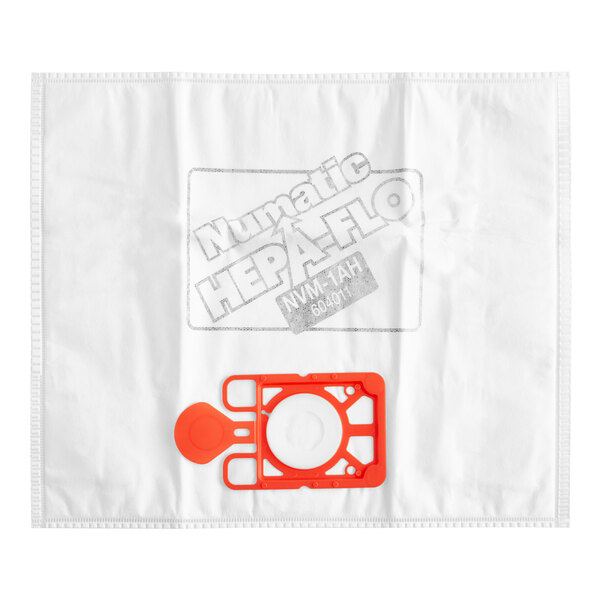 A white NaceCare HEPA filter bag with a red plastic object on it.