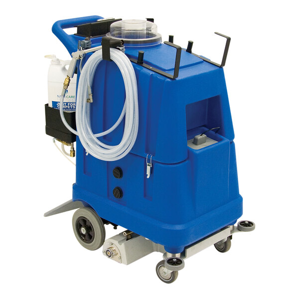 A blue NaceCare Solutions walk behind carpet extractor with a hose on it.