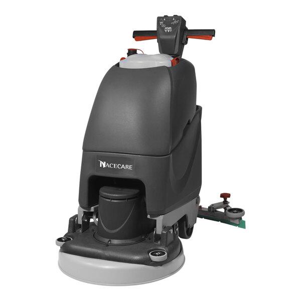 A NaceCare Solutions walk behind floor scrubber with wheels and a lid.