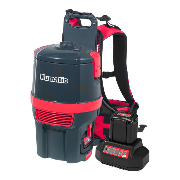 A NaceCare Solutions cordless backpack vacuum with battery pack and tool kit attached.