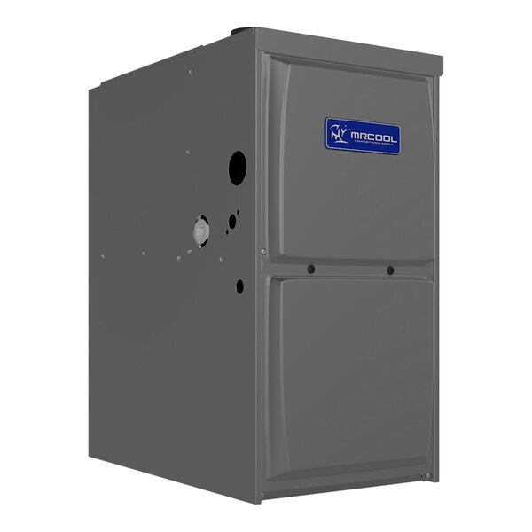A grey rectangular MrCool gas furnace with a blue logo and label.