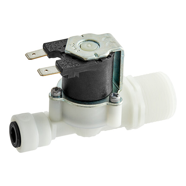 A white water solenoid valve with a black and silver device.