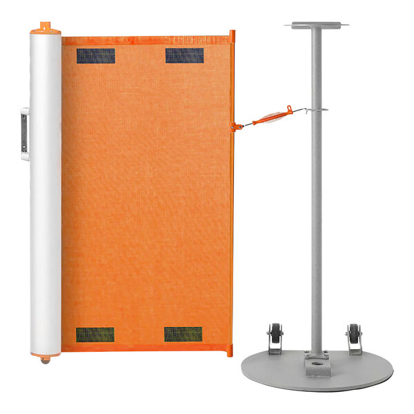 An orange and white ZonePro portable barrier stand.