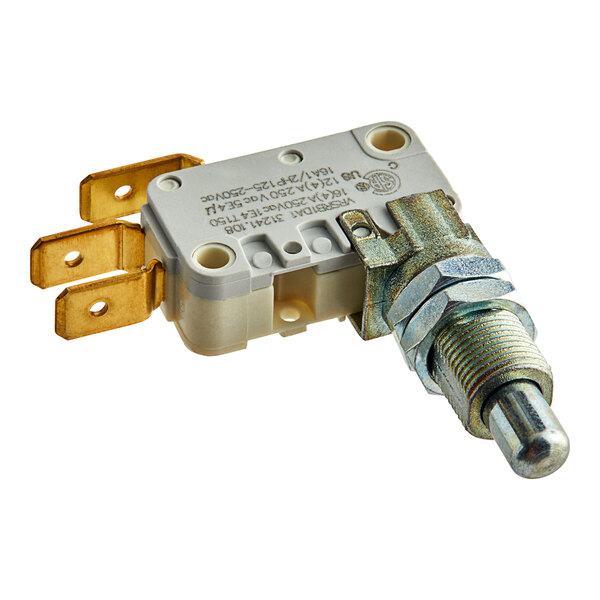 A close up of a Cooking Performance Group micro switch with a gold connector.
