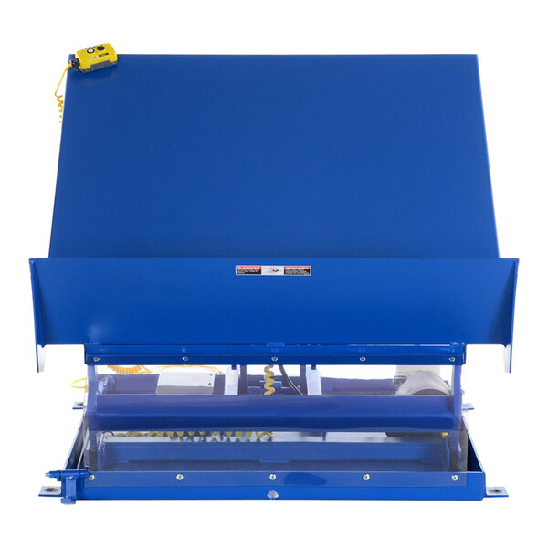 A blue Vestil scissor lift and tilt table with a yellow tape attached to it.