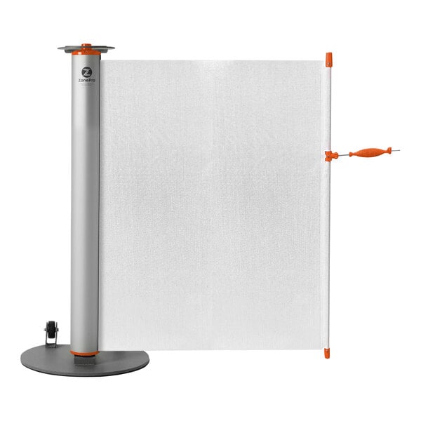 A white rectangular banner with black and orange accents on a metal pole.