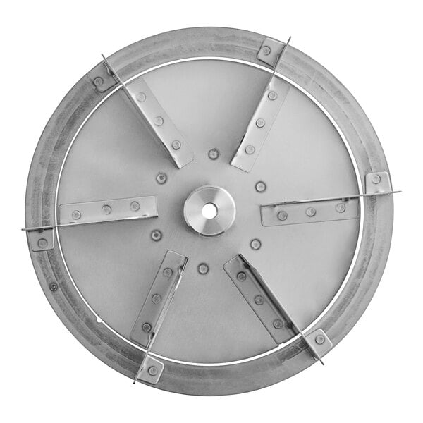 A circular metal blower wheel with a metal disc and four holes.