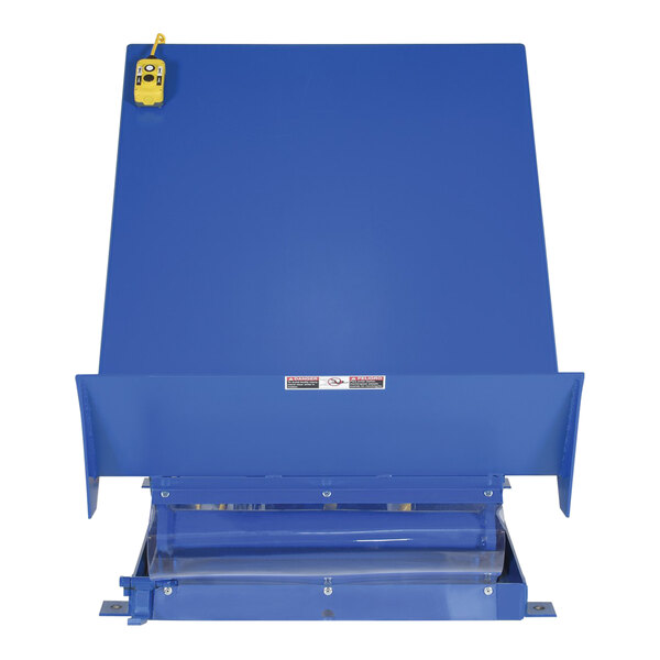 A blue rectangular Vestil lift table with a yellow handle on it.