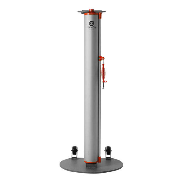 A silver and orange ZonePro rolling stanchion with a white base.