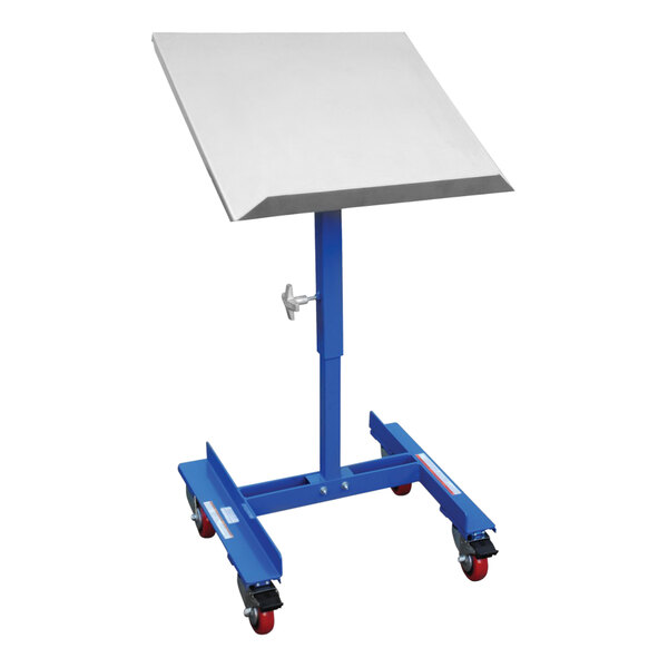 A blue and white Vestil mobile lift and tilt table with wheels.