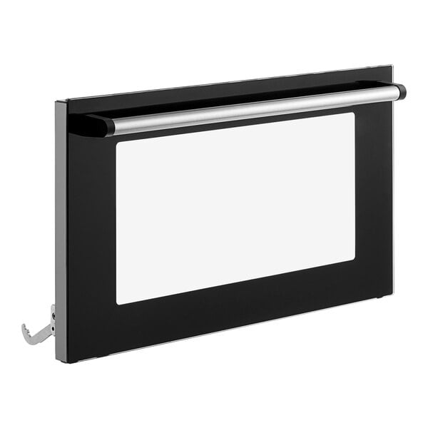 A black and silver Cooking Performance Group oven door with glass.