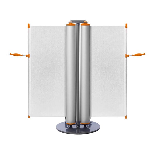 A white and orange ZonePro dual rolling stanchion with white safety banners and orange accents.