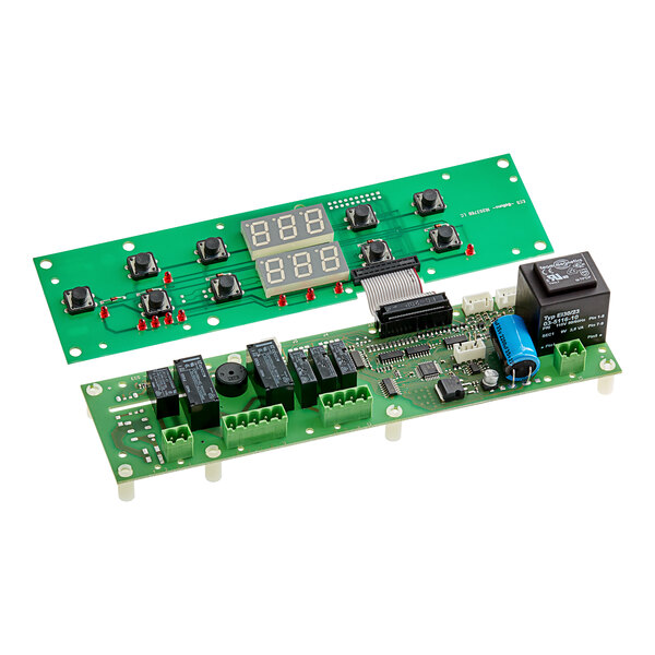 A green Cooking Performance Group PC board with a digital display and black buttons.