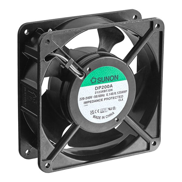 A black and green Cooking Performance Group cooling fan with a white label.