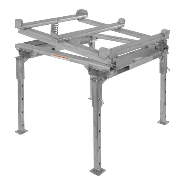 A stainless steel Vestil intermediate bulk container tilt stand with adjustable legs.