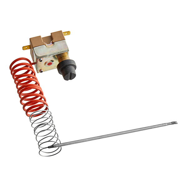 A metal spring and a wire with a red handle attached to a coil.