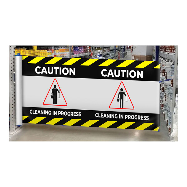 A ZonePro portable safety banner with a blue accent that says "Caution Cleaning in Process" with a warning sign on it.