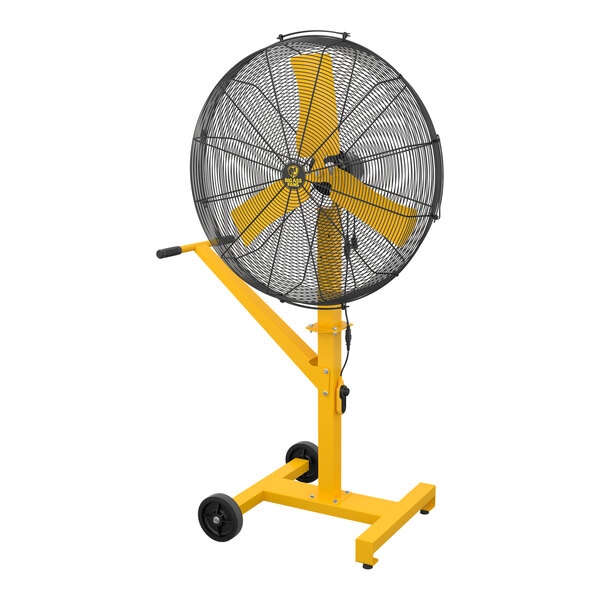 A Big Ass Fans yellow pedestal fan with yellow blades.
