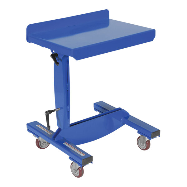 A blue Vestil mobile lift and tilt table with wheels on it.