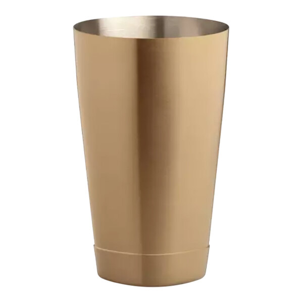 An Arcoroc bronze copper cocktail shaker with a lid on a white background.