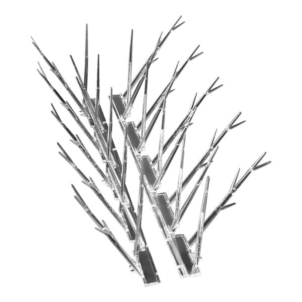 A metal tree with Bird-X Narrow Polycarbonate Spikes on many branches.