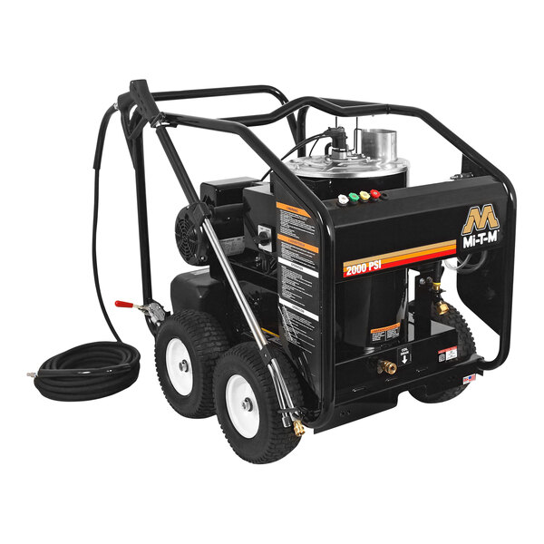 A white Mi-T-M electric hot water pressure washer with a hose attached to it.