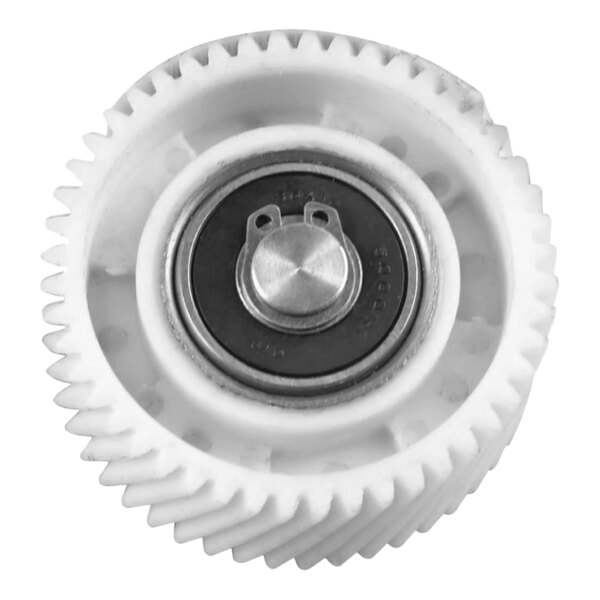 A white gear with a round metal center.