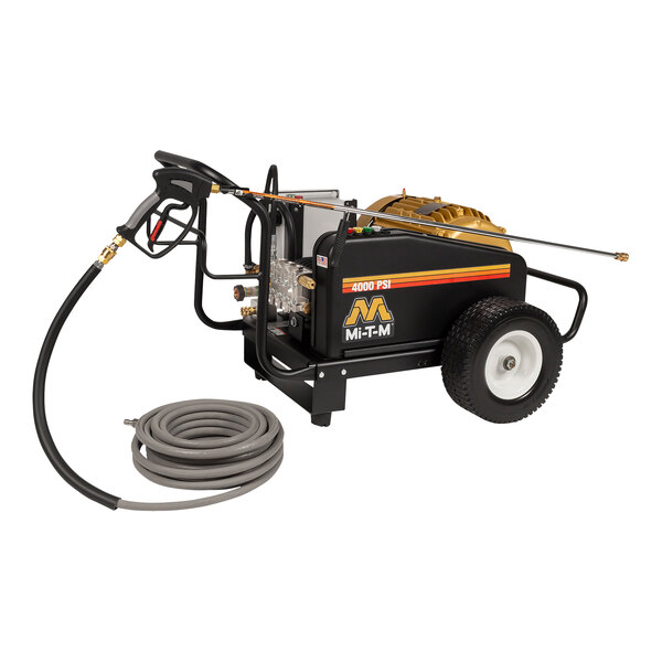 A black and yellow Mi-T-M electric pressure washer.