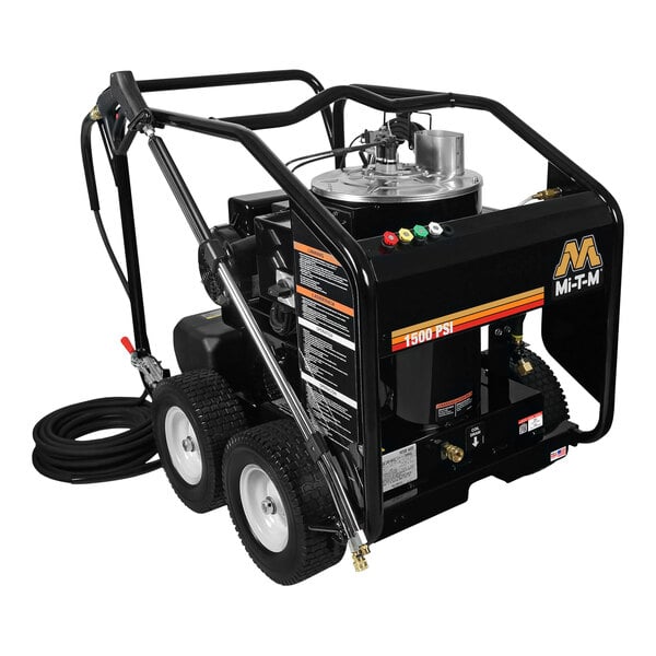 A black Mi-T-M electric hot water pressure washer with wheels and a hose.