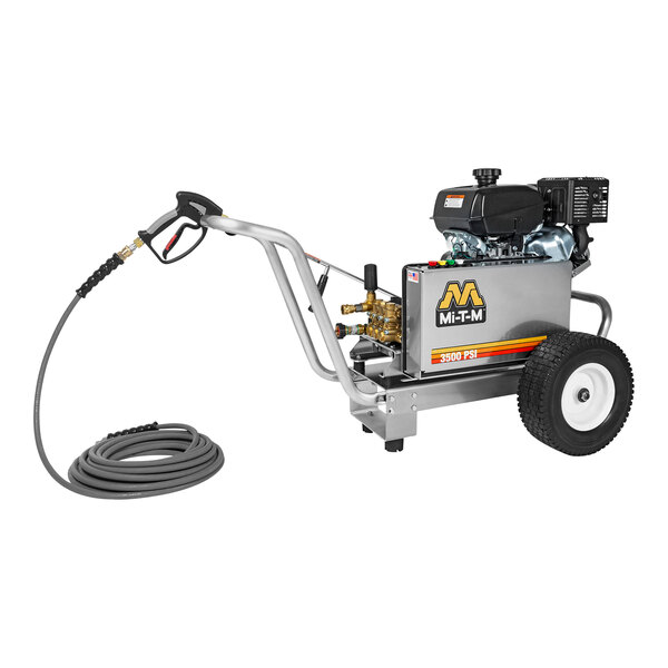 A Mi-T-M cold water pressure washer with a hose.