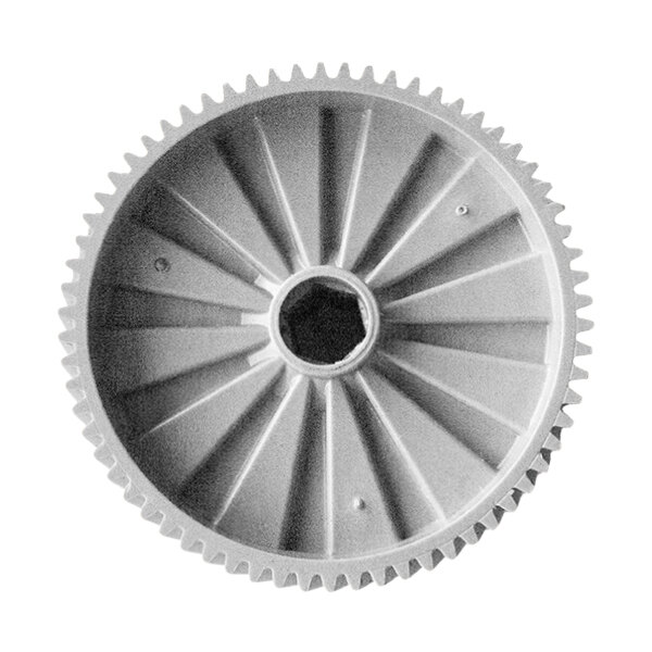 A close-up of a grey gear with a hole.