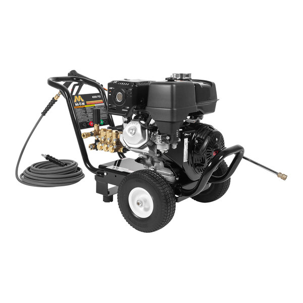 A black Mi-T-M pressure washer with a hose attached.