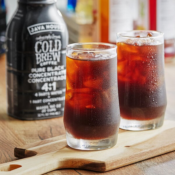 A close-up of a glass of Java House Colombian Cold Brew Coffee.