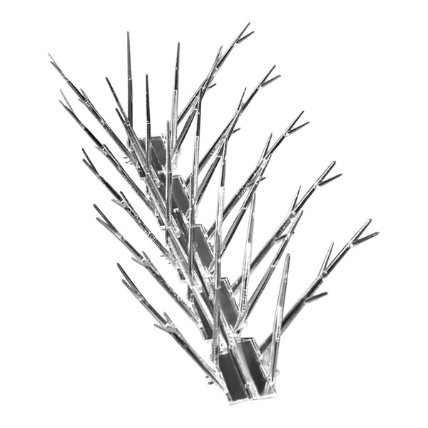 A silver tree branch with thin branches covered in Bird-X Standard Polycarbonate Spikes.
