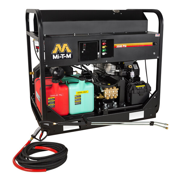 A black Mi-T-M pressure washer with a red gas tank.