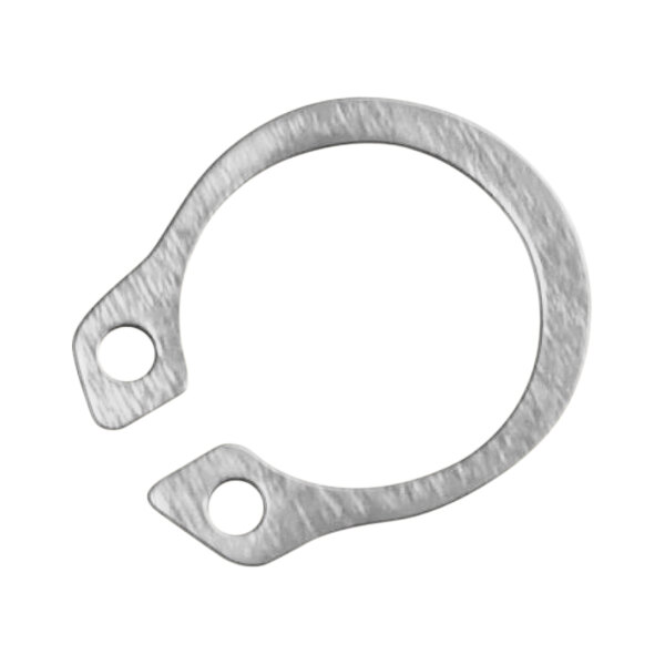 A CRB Cleaning Systems metal snap ring with two holes.