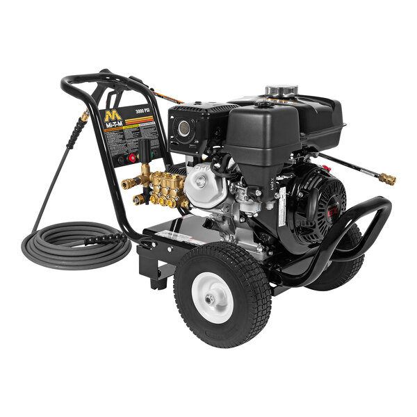A black and gold Mi-T-M gas powered pressure washer with a hose.