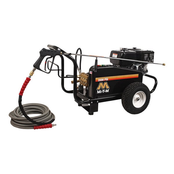 A black Mi-T-M pressure washer with a hose and wheels.