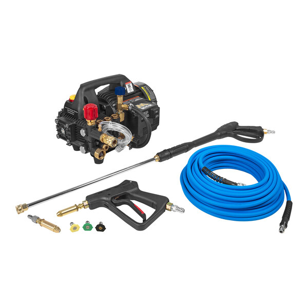A black Mi-T-M electric pressure washer with blue and black hoses.