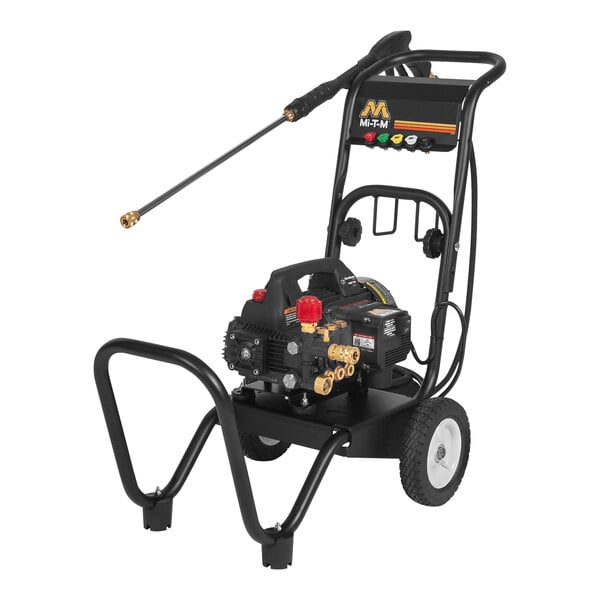A black Mi-T-M ChoreMaster cart-mounted electric pressure washer with a hose.