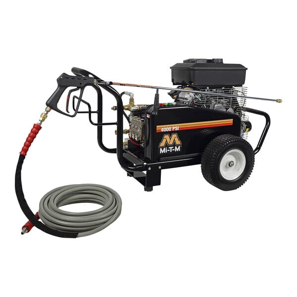 A black Mi-T-M cold water pressure washer with a hose.
