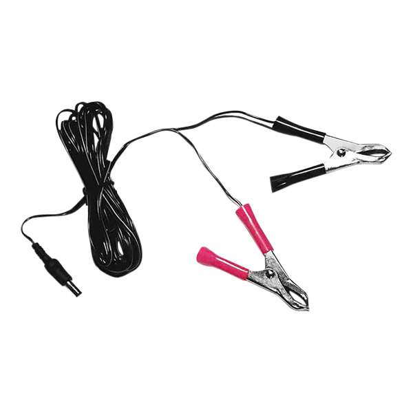 A black battery cable with pink alligator clips.